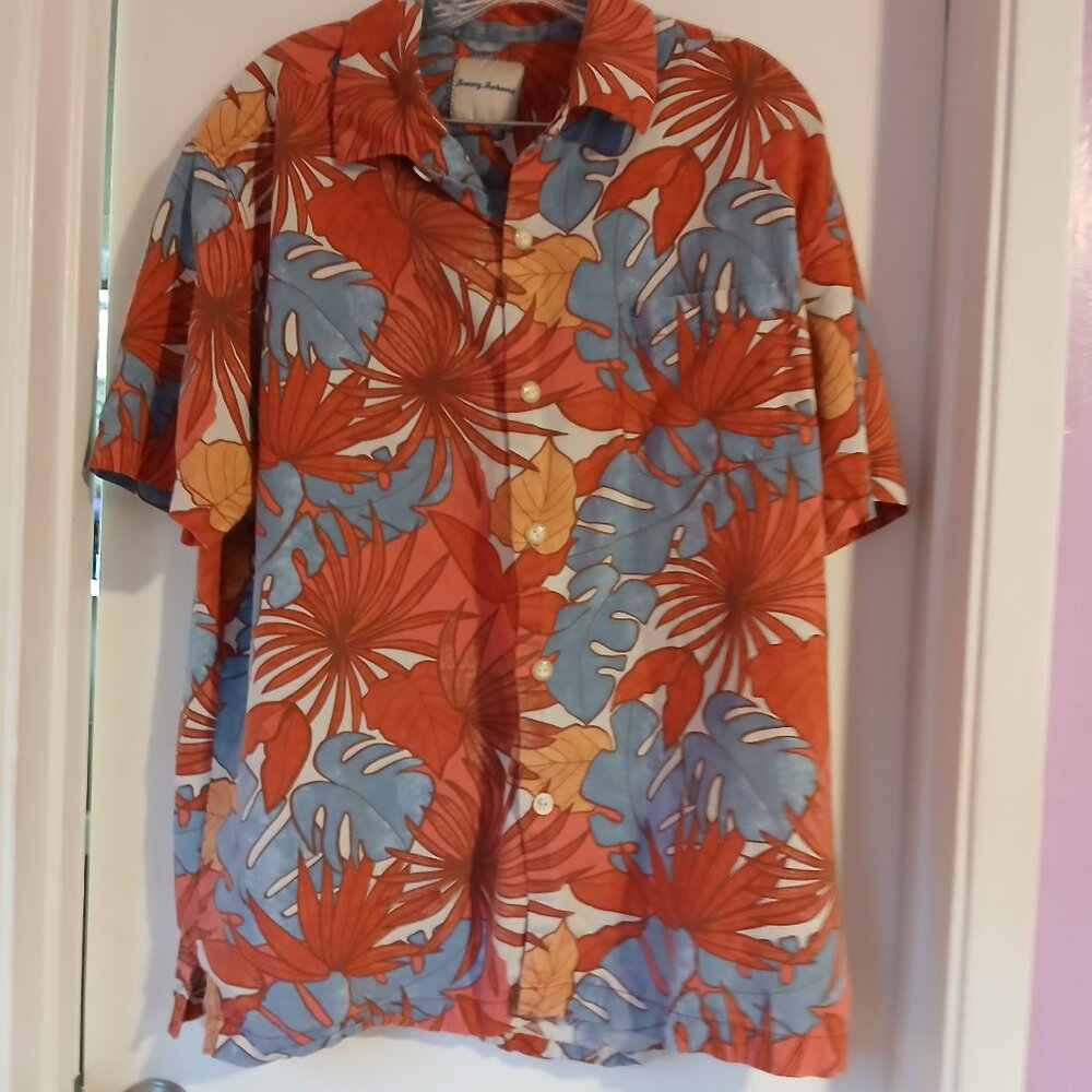 Tommy Bahama Men's Short Sleeve Tropical Print Button Down SZ L silk blend